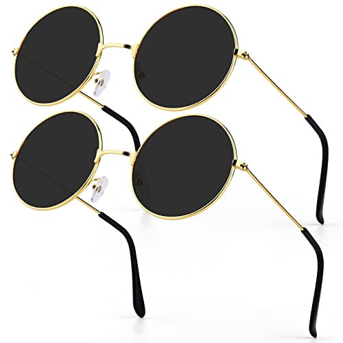 PROUSKY 2 Pieces Black Grey Round Sunglasses for Women - Hippie Glasses for Street Shoot Party - Rose Gold Frame for Teen Girls (Black)
