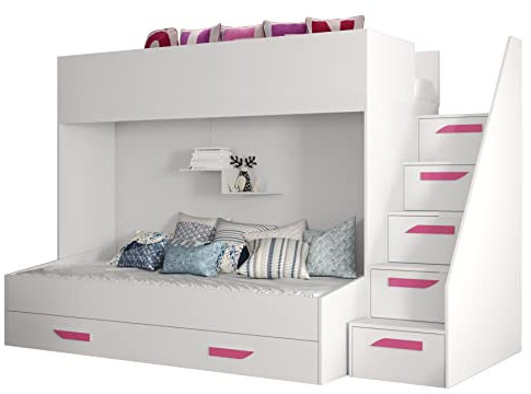 MEBLE KRYSPOL Party 16 Hochbett für Kinder, Jugendliche mit Stauraum - Etagenbett mit Schreibtisch, Kleiderschrank, Bücherregal und Trittleitern - 247x135x165 cm - Weiß, Weiß, Rosa