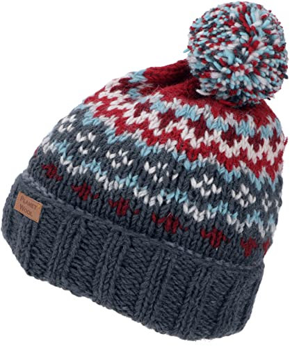 GURU SHOP Bommelmütze aus Nepal, Mütze aus Schurwolle, Wintermütze - Grau/rot, Herren/Damen, Synthetisch