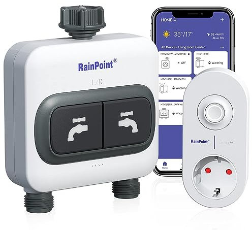 RAINPOINT Programador Riego WiFi 2 Salidas, Temporizador Riego Automatico WiFi con 6 Planes Separados, Riego por Volumen y Tiempo, App/Control por Voz Temporizador de Riego para Jardín, Césped