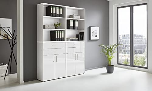 BMG Möbel Aktenschrank Office Edition Set 20, Büroschrank mit Metallgriffen Made in Germany (Weiß/Weiß Hochglanz)