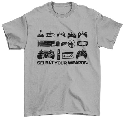 Galaxy Tees Mens Select Your Weapon Retro Gaming Controllers T Shirt Gaming Classic Gift Idea Top Short Sleeved Silver Melange 3XL