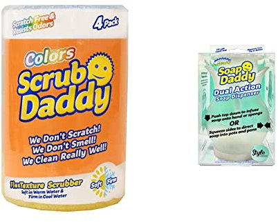 Scrub Daddy Colores, 4 Unidades & Dispensador de jabón Recargable para la encimera de la Cocina y el baño. Doble acción con Laterales de fácil Agarre, Multiusos, 1 Unidad