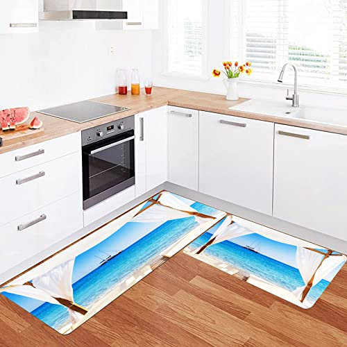 URSOPET 2 Stück Küchenteppich Waschbar rutschfest,Balinesisches Dekor, Strand neben einem balinesischen Bett, klare Sommersonne,Küchenläufer Gedrucktes Muster Küche Bodenmatte Läufer Teppich