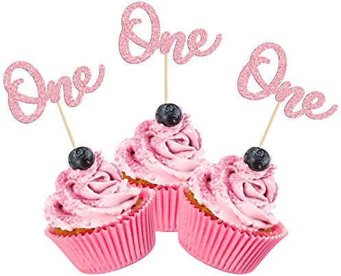 Gyufise 24 Pcs First Birthday Cupcake Toppers - Pink Glitter One Cake Topper Decorations for Baby Shower Kids Boys Girls 1st Birthday Party Cake Decorations Supplies