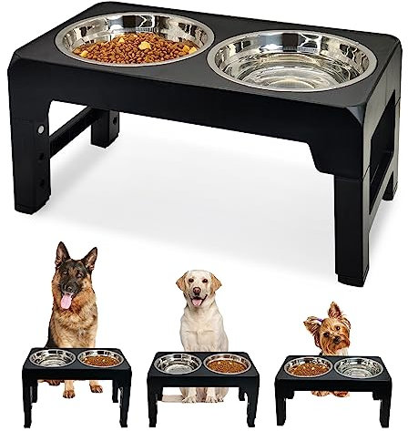 Kathson Raised Dog Bowl,4 Height Adjustable Dog Bowls Stand,Elevated Dog Bowls-Stainless Steel Dog Food Bowl and Water Bowl,Non-Slip Tall Feeding Station for Small Medium Large Dogs