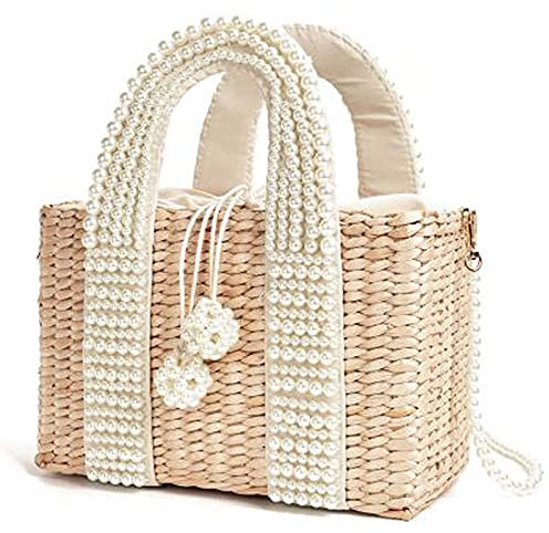 Giilayky New Women's Bag with Pearl Ladies Tote Handbags Handmade Straw Basket Messenger Bag for Vacation Life