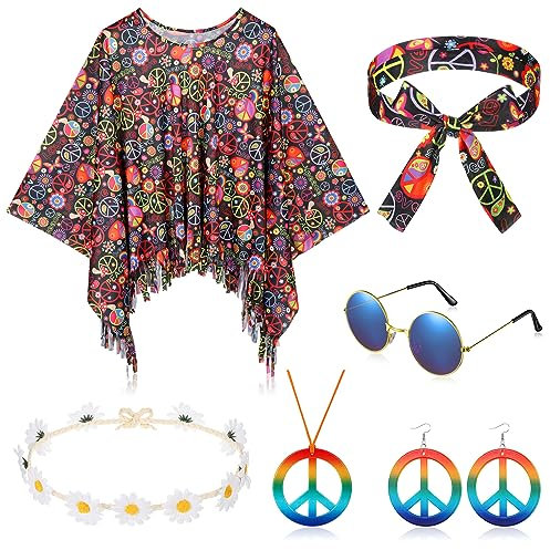 HICARER 6 Stück 70er Jahre Outfit Damen Hippie Kostüm Set inklusive Hippie Poncho Peace Halskette und Ohrringe Stirnband Sonnenbrillen 60er 70er Jahre Flower Power Karneval Kostüm
