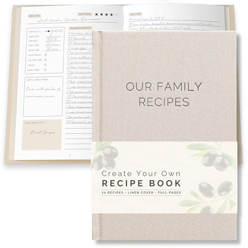 Libro de recetas para escribir en tus propias recetas, diario familiar de lino con 70 plantillas de recetas en blanco para crear un libro de cocina personalizado, tabla de contenido, conversiones y