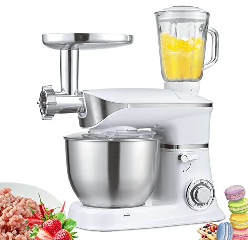 3 in 1 Versatile Stand Mixer, 6.5 L Dough Machine/1.5L Automatic Juice Extraction/Meat Grinder, 6+P Speed Food Mixer, for Home Use,Black (White)