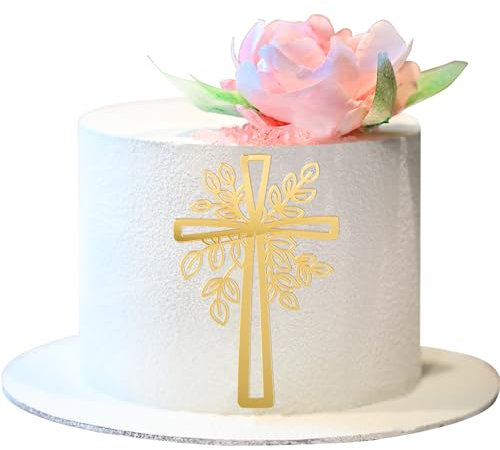 BETESSIN Topper Cake Cruz con Hoja para Tarta, Decoración Tarta Acrílica de Cruz para Pastel Cumpleaños Fiesta, Cartel Cruz Pastel, Cake Topper Comunión, Adorno Tarta Dorado Navidad, 16cm*14cm
