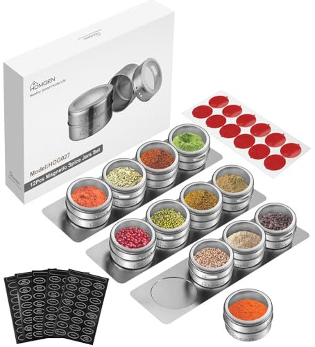 HOMGEN Pots à Épices Rangement 12 Pot à Épices Magnétique-Contenant Épices Argentés en Acier Inoxydable 100ml - Couvercle Transparent en PC - Lavable au Lave-Vaisselle