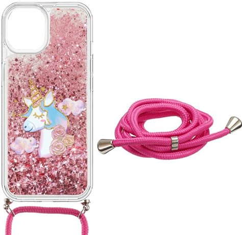 SEHEYA Handys Kette Hülle für iPhone 8 / iPhone 7 Flüssigkeit Glitzer Handyhülle zum umhängen Transparent Silikon Schutzhülle mit Band Kordel Case Mädchen, Rosa Einhorn