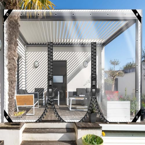 ZHJSHOU Abdeckplane Wasserdicht Plane 2.3x5m Transparent mit ösen, 0.35mm Anpassbar PVC Abdeckplane Transparent Terrassenplane Faltbar Wetterfeste Tarp mit 2 Reißverschluss für Gartenmöbel