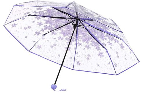 PHASZ Parapluie pliable transparent en fleurs de cerisier Parapluie de voyage transparent Texture givrée Parapluie de pluie pour filles et femmes, violet, 1
