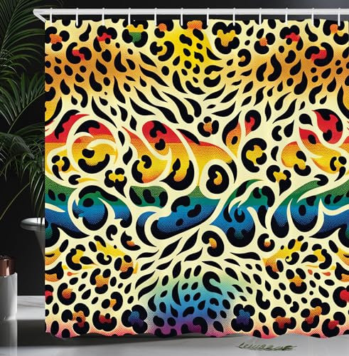 ABAKUHAUS Leopardenmuster Duschvorhang, Abstraktes Animal Spot Ornament in Regenbogenfarben Groovy Concept, Stoffliches Gewebe Badezimmerdekorationsset mit Haken, 175 x 200 cm, Gelb Mehrfarbig