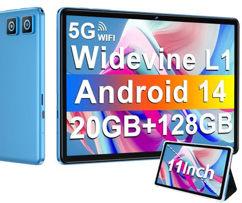 Tablette Android 14 avec Widevine L1, 13MP+5MP, 8000 mAh + Charge Rapide 18 W, Tablette Tactile 11 Pouces avec 20 Go RAM + 128 Go ROM (Extensible 1 To), 5G Wi-Fi, GPS, Octa-Core 2.0 GHz, Face ID, Bleu