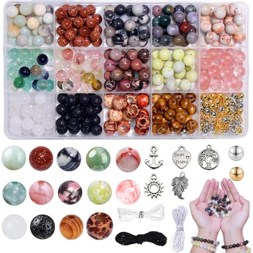 BLAESIFF Edelstein Perlen für Armbänder, 8mm Perlens zum Auffädeln, Perlen zum Basteln Selber Machen, Runde Kristalle Perlen Kit mit Anhänger Zubehör für DIY Schmuckherstellung