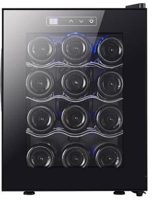 Zickdom Vinoteca,Vinoteca Pequeña,Vinotecas,Nevera Vinos,Cava de Vino,Vinoteca 12 Botellas, Wine Fridge Bajo Nivel sonoro Panel de Control Táctil para Bar Interior/Cocina/Hotel Negro Metal Shelves A