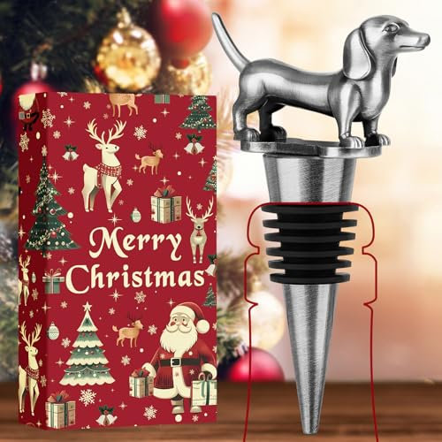 LKKCHER Tapón de Vino de Perro Salchicha, Regalos Navidad, Regalos de Teckel, Regalos para Mujeres, Hombres, Papá, Plateado con Embalaje de Navidad y Tarjeta