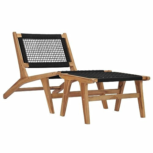 Homgoday Chaise Longue avec Repose-Pied Bois de Teck Solide et Corde, Bain de Soleil de Jardin, Lit de Camping Transat de Relax pour Plage, Extérieur, Balcon, Terrasse