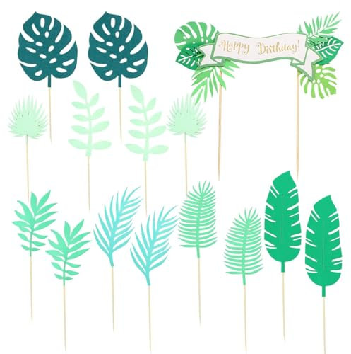14 Inserts De Feuilles Tropicales, 1 Insert De Bannière Joyeux Anniversaire, Décorations De Gâteaux D'Anniversaire, Décorations De Fête Tropicale, Inserts De Feuilles De Palmier Pour Cupcakes