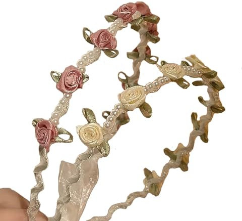 SHUOHONG 2 Pièces Fleurs Serre Tete de Femme Cheveux Vigne Perle, Serre Tete Bandeau avec Ruban Réglable, Sert Tete Femme, Serre Tete Fille, Accessoires de Coiffure de Guirlande pour Mariage, Party