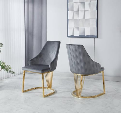 Modernique Velvet Upholstered Dining Chairs with Gold Metal Legs, Set of 2, Black Grey and Cream (Grey)