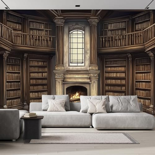 Fototapete 3D Effekt Retro-Bibliothek 300×210 cm, Dichtes Bücherregal Kamin Tapete Wandbild Tapeten Für Kinderzimmer Deko Wohnzimmer Schlafzimmer