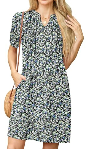 GRECERELLE Womens Dresses Summer Casual Short Sleeve V Neck Shift Dress for Women Ladies T Shirt Dress with Pockets (Black with White Rose, XXL)