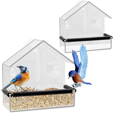 PWGHWG 2 Stück Vogelhaus Fenster Transparent Fenster Vogelfutterhaus Acryl Fenster Futterhaus für Vögel mit 3 Saugnäpfen für Wildvögel, Finken, Kardinal, Bluebirds, 15 × 15 × 6,3 cm