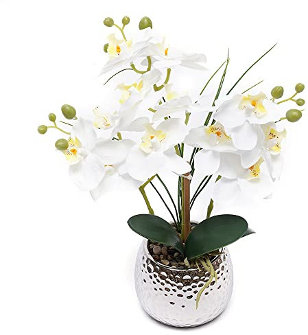 Fricienc Arreglos florales artificiales realista phalaenopsis blanco orquídea en maceta plateada decoración del hogar sala de estar oficina dormitorio baño cocina comedor 39 cm