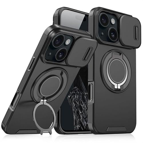 Mixroom - Custodia Cover per iPhone 14 Protezione Antiurto Militare con Supporto cellulare a stand Cavalletto ad Anello Magnetico Copertura Fotocamera Slide Scorrevole C07 Nero
