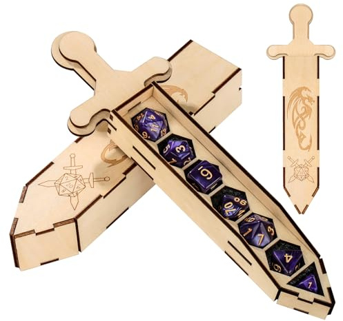 LKKCHER DESIGN RPG Dice Sword Set for Tabletop Gaming, 7 Purple Polyhedral Dice, Wooden Sword Shape Collectible Accessory, D&D Storage Box, D20 Dragon Container Case Decorations, Gift Set for Gamers