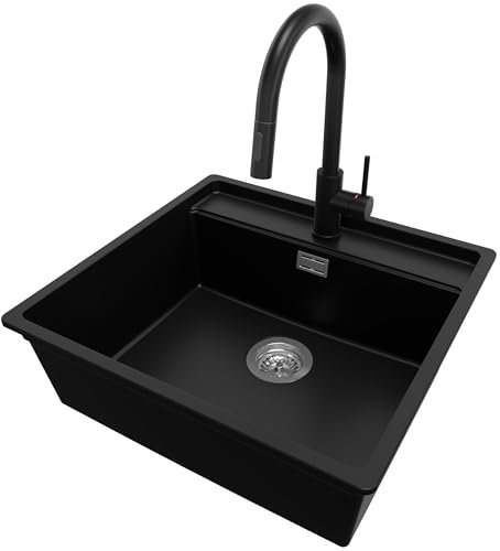 PRIMAGRAN Fregadero Granito Negro 56x53cm, Cocina 1 Seno + Grifo 40x20cm + Sifón, Sobre encimera al mueble 60cm - Bergen S013