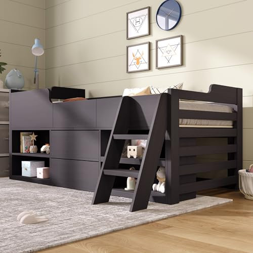 Miyemo Bunk Bed for Kids, 3ft Cabin Mid Sleeper Frame with Drawers Shelf Storage, Single Children's Wooden Bed, Low Sleeper Beds, Black, 90 * 190cm, Without Mattress
