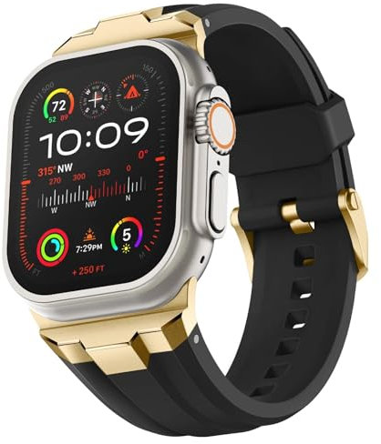 IRFKR Correa de reloj deportiva para Apple Watch Ultra 2 de 49/45/44/42 mm, conector de acero inoxidable 316L ancho y resistente, correa de silicona duradera para iWatch Ultra 9 8 7 6 5 4 3 SE(Gold Bl
