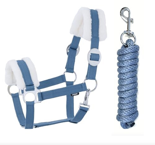 JA Horse Kunstfell Halfter Führstrick Set mit Karabinerhaken verstellbar Pferdehalfter Pferd Holzpferd Anbindestrick (Kunstfell Karabinerhaken Blau, Full)