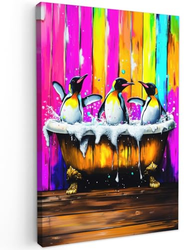 MuchoWow© Leinwandbild Klein Mini Dekoration Wohnzimmer Bilder Pictures | 20x30 cm - Wall Decoration Living Room Wohnungs Deko Moderne Bild Pinguine - Badewanne - Farbenfroh - Schaumstoff
