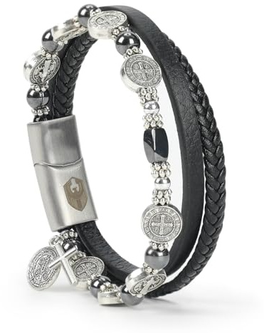 SHIEAGLELD Lederarmband Herren, Armband Herren Katholisches mit Kreuz & St. Benedikt Medaille, Armband Herrens Tigerauge Spirituelles Geschenk für Papa Ehemann Freund Brüder