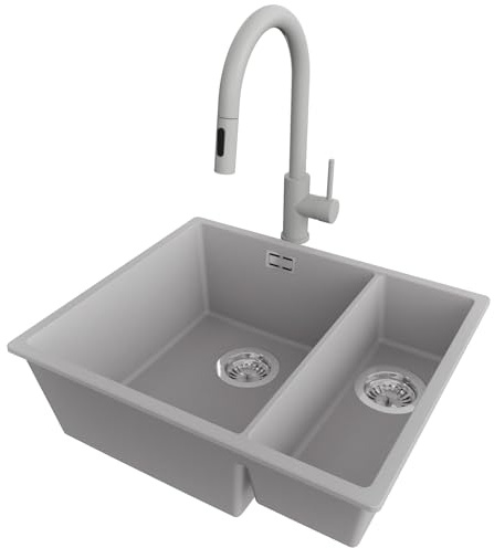 PRIMAGRAN Granitspüle Grau 56x47cm, Spülbecken 1,5 Becken + Küchenarmatur 40x20cm + Ablauf-Set, Küchenspüle ab 60er Unterschrank - London Slim Duo