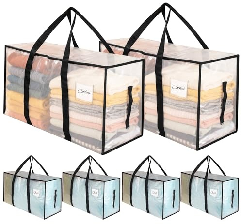 6 Stück 95L Große Aufbewahrungstasche mit Deckel,Heavy-Duty Faltbare Transparente Umzugskartons Groß mit Reißverschluss Griff Faltbar Aufbewahrungsbox für Umzug Camping Bettwäsche Aufbewahrung