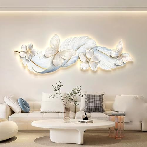 Tqertrtfxa Cuadro Decorativo de Plumas para Sala Estar,Fondo sofá para Colgar en la Pared,Arte Mural con Luces LED cálidas,Luces Decorativas Ideales para Salas(B,150 * 50cm/59.1 * 19.7in)
