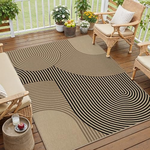 PureCozy Outdoor Teppich Wohnzimmer 120x170cm Outdoorteppich Wetterfest Balkon Braun Schwarz Teppiche Jute Optik Waschbarer rutschfest Groß Carpet Terrassen Garten Esszimmer BüRo Indoor Rug