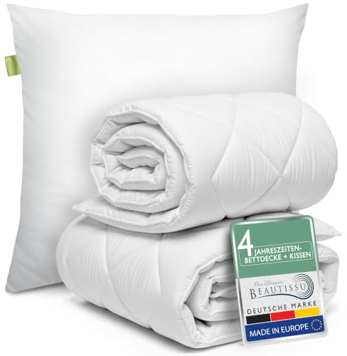 Beautissu Bettdecke und Kissen Set 4 Jahreszeiten Allergiker Kopfkissen | 135x200 & 80x80 Schlafdecke Decke Ganzjahresdecke Steppdecke Bettwaren waschbar Grad BeauNuit JD & NK