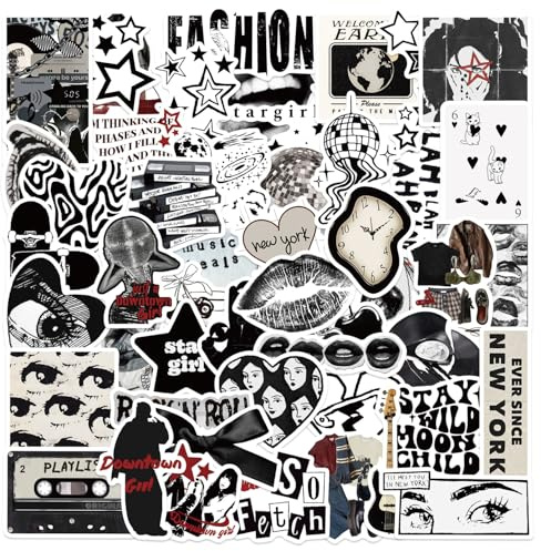 Y2K Collage Aufkleber Set Aesthetic Sticker Klebesticker Vinylaufkleber Dekorationsaufkleber Schwarz Weiss Retro Mode Musik Sterne Lippen New York Tagebuch Laptop Trinkflasche