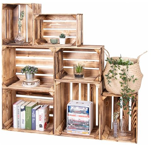 LAUBLUST Vintage Holzkisten 7er Set Geflammt - 50x40x30cm / 40x30x25cm | Weinkisten & Obstkisten | Deko- & Möbelkisten