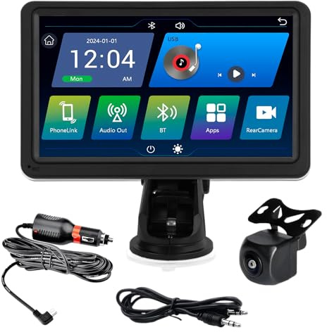 Simply Auto 7 Inch Smart In-Car Display with Rear View Camera – Wireless Apple CarPlay & Android Auto, Bluetooth Hands-Free, FM Transmitter, AUX, Screen Mirroring, Parking Guidelines