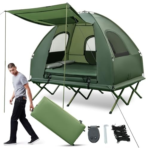 COSTWAY 5 in 1 Feldbett mit Zelt, Campingbett mit Luftmatratze, Kissen, Schlafsack, Sonnenschutz & Rolltasche, Campingliege wasserdicht & tragbar, 300 kg Tragekraft