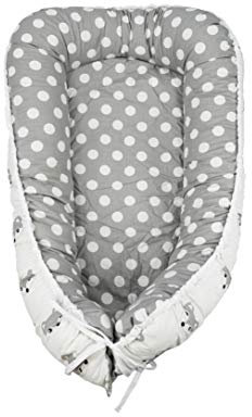 Puckdaddy Babynest Foxi – 105x60 cm, Babynestchen mit Fuchs- & Punkte Muster in Weiß-Grau, multifunktionales Kuschelnest für Babys & Neugeborene, Reisebett für Säuglinge aus 100% Baumwolle